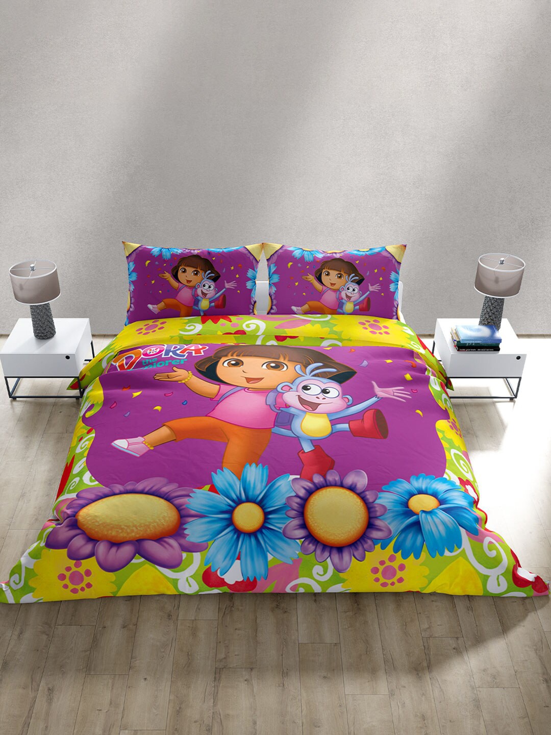 

YK Cartoon Characters 300 TC King Cotton Bedsheet with 2 Pillow Covers, Purple