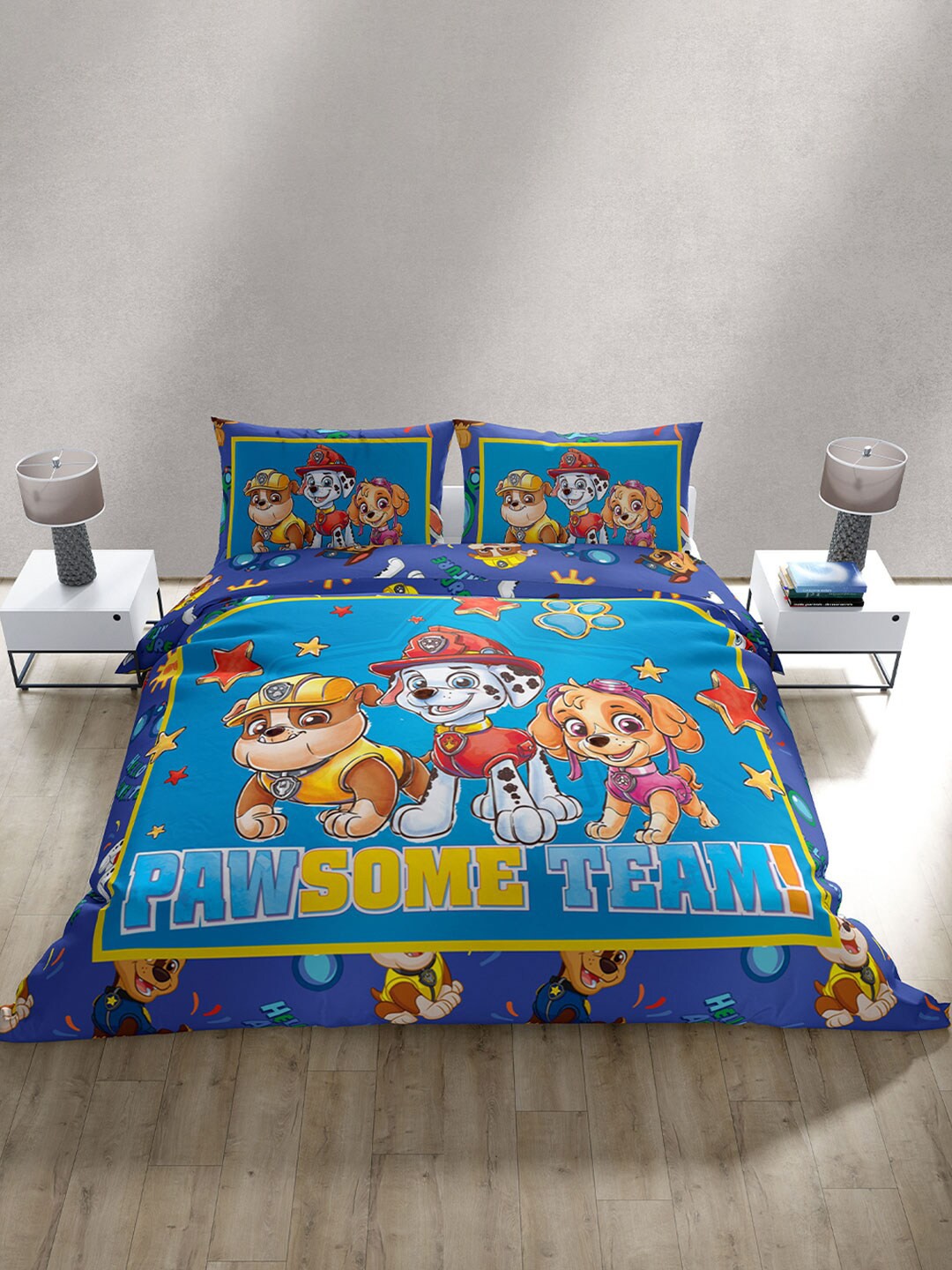 

YK Cartoon Characters 300 TC King Cotton Bedsheet with 2 Pillow Covers, Blue