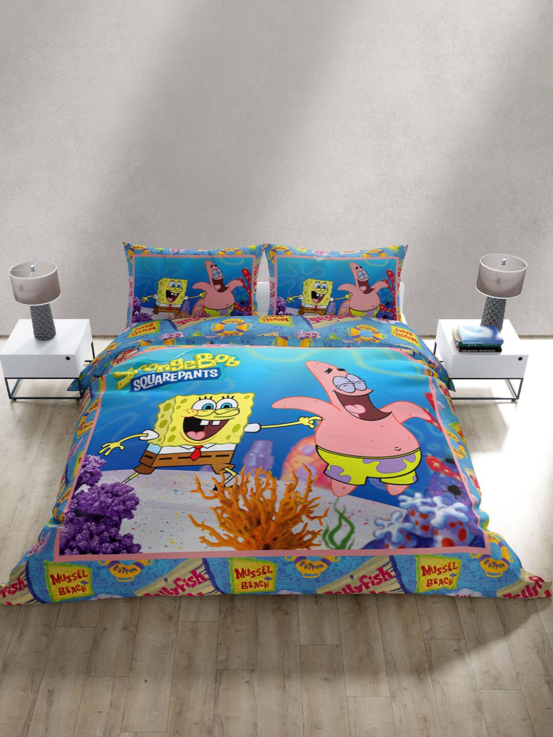 

YK Cartoon Characters 300 TC King Cotton Bedsheet with 2 Pillow Covers, Blue