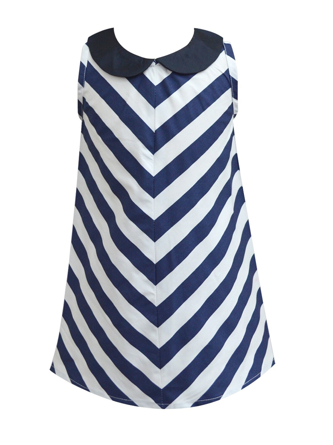 

A T U N Girls White & Blue Striped Peter Pan Collar A-Line Cotton Dress