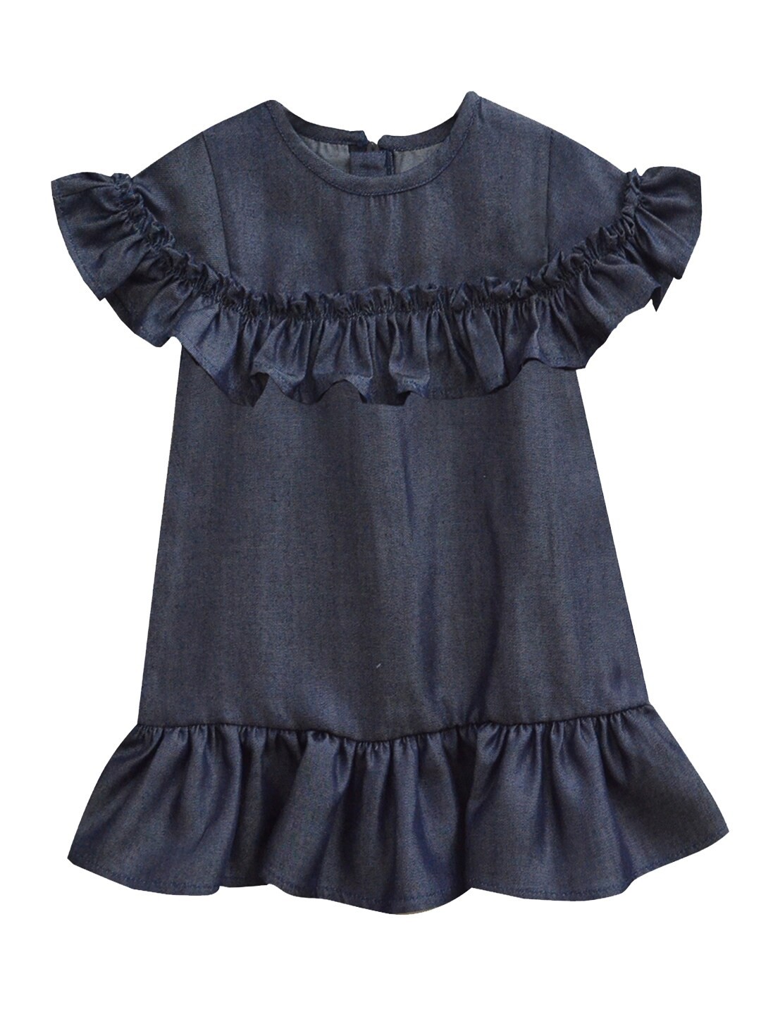 

A T U N Kids Girls Solid Short Sleeves Ruffle Detail Denim Tiered Dress, Navy blue