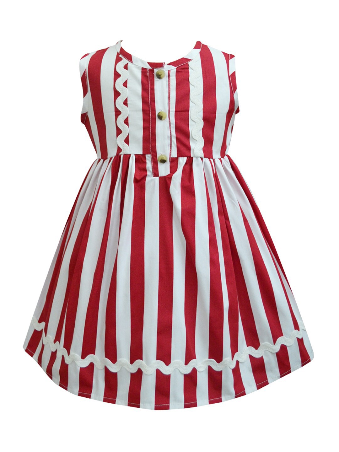

A T U N Girls Red & White Striped Pure Cotton Fit & Flare Dress