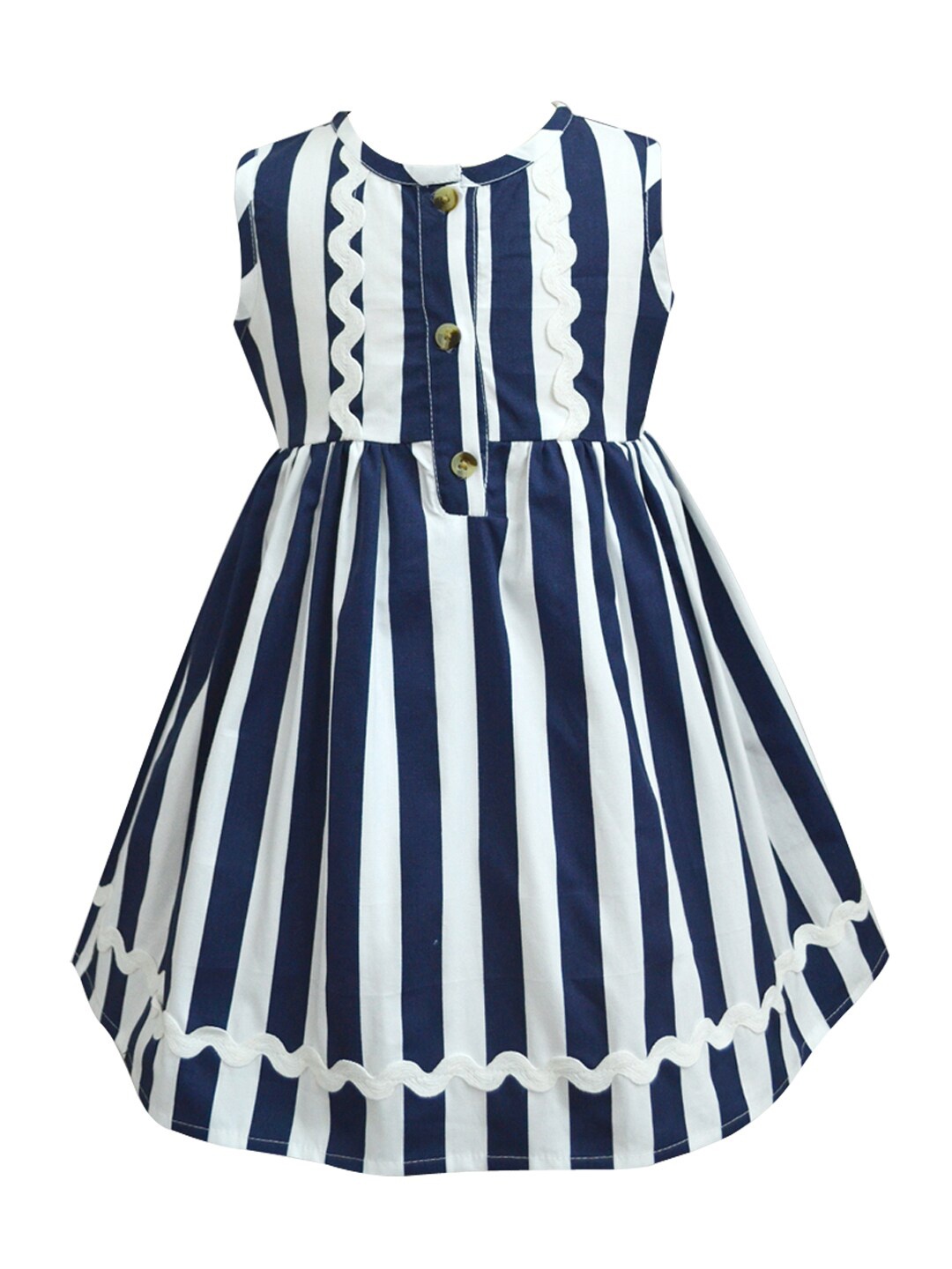 

A T U N Navy Blue Pure Cotton Striped Casual Dress