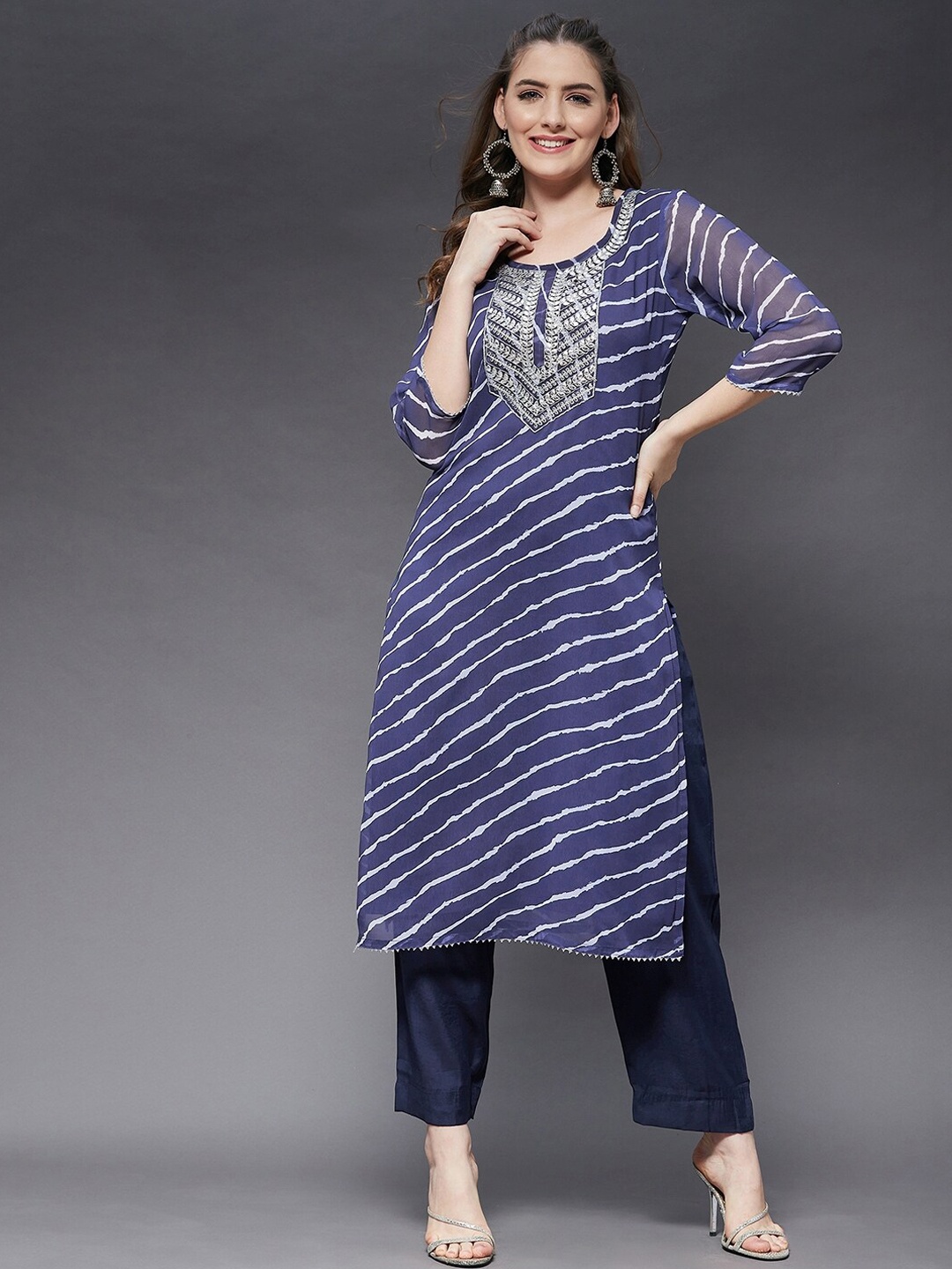 

Azira Women Blue Striped Georgette Kurta