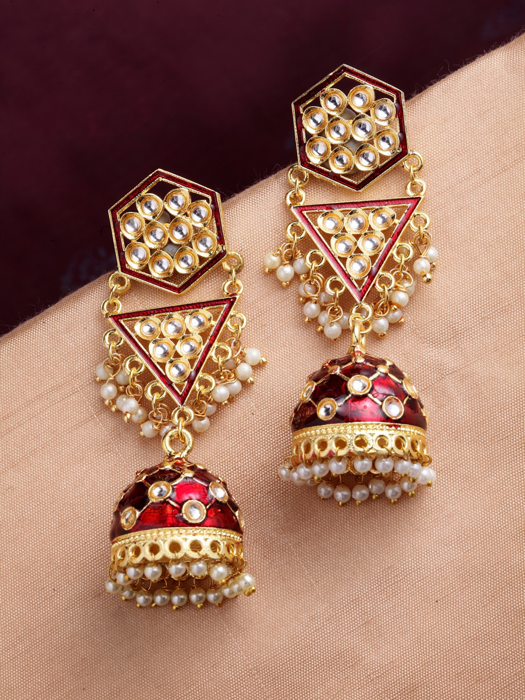 

PANASH Women Gold Toned And Maroon Meenakari Dome Shaped Jhumkas Earrings