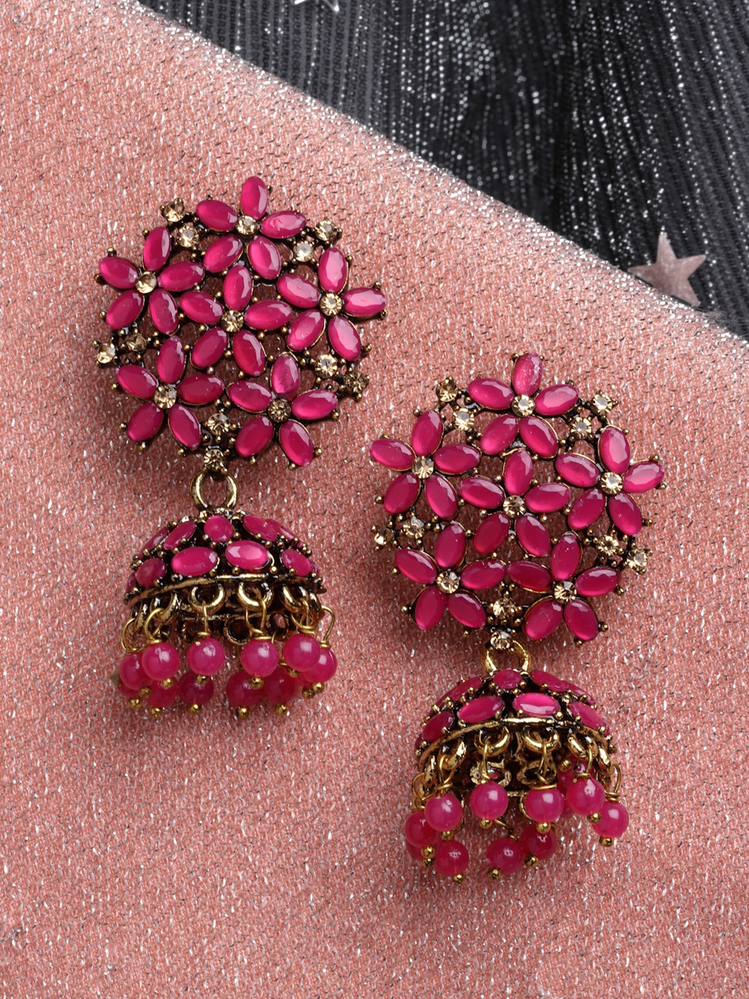 

PANASH Gold-Plated & Pink Dome Shaped Jhumkas Earrings
