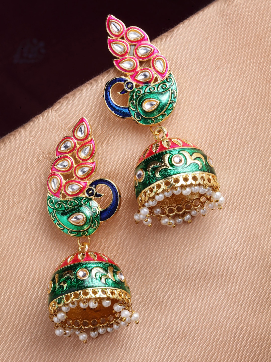 

PANASH Women Gold-Toned & Pink Peacock Shaped Jhumkas Earrings