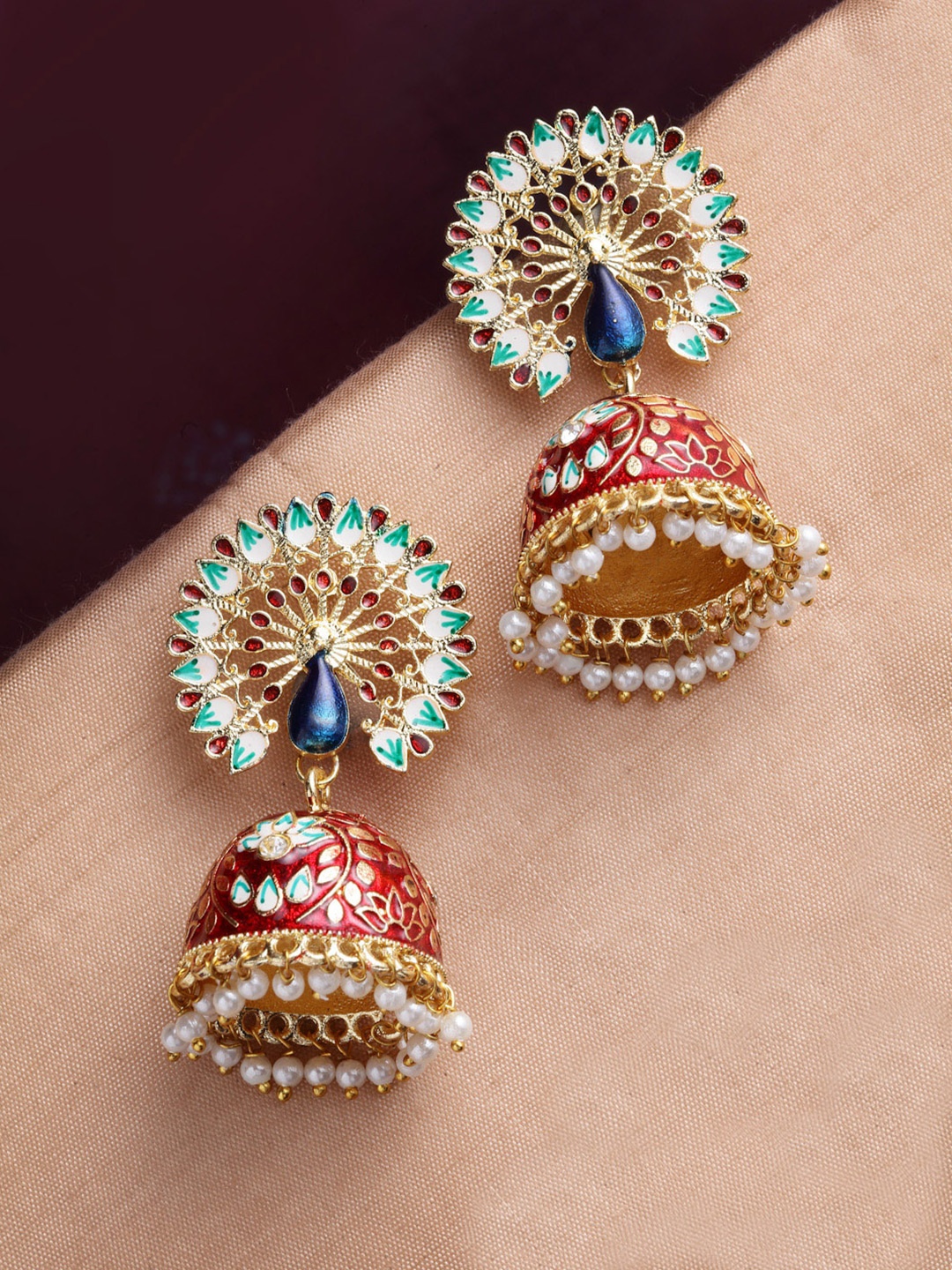 

PANASH Gold-Plated Red & Blue Peacock Shaped Jhumkas Earrings