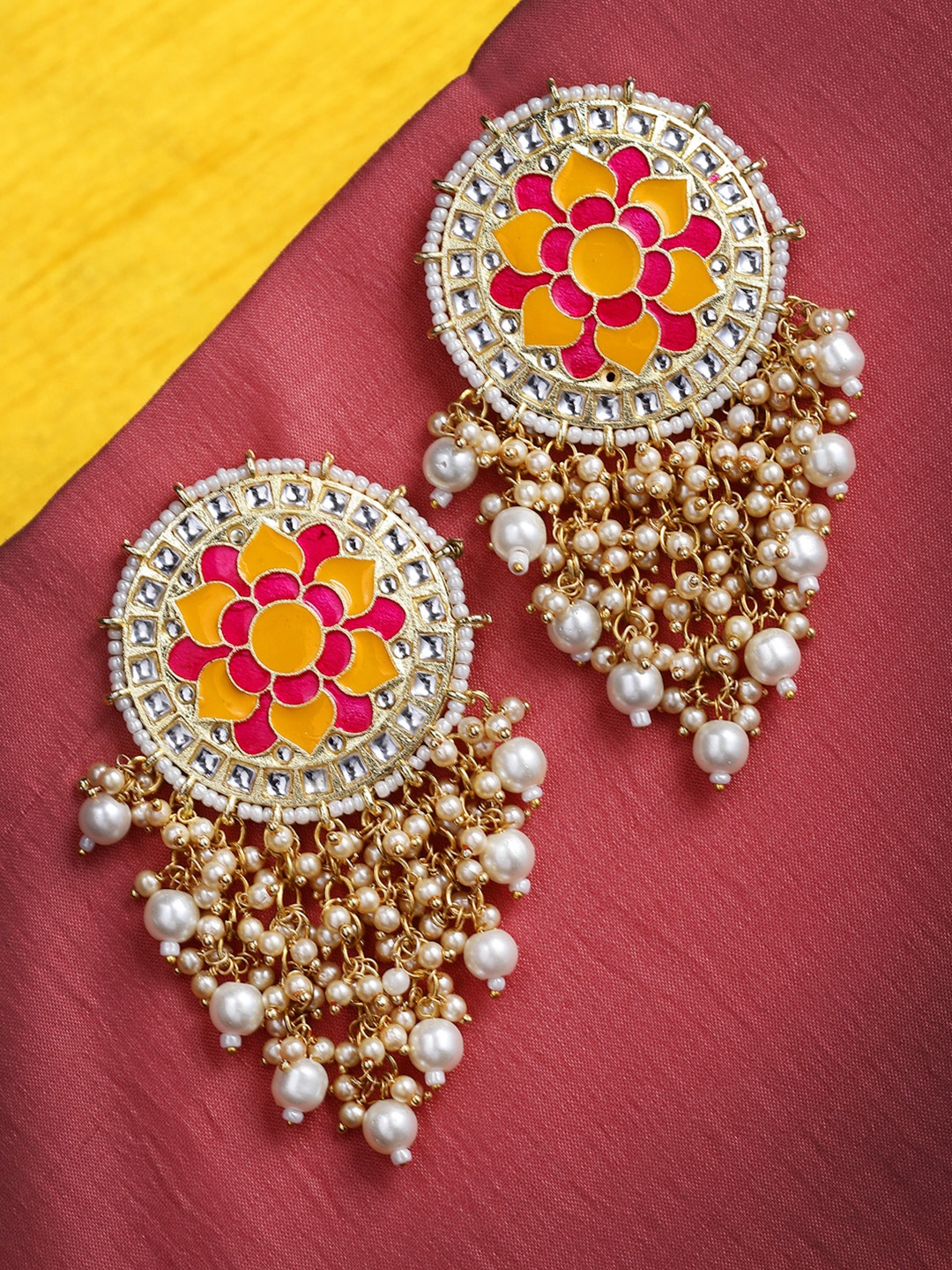 

PANASH Women Gold-Toned & White Circular Drop Earrings