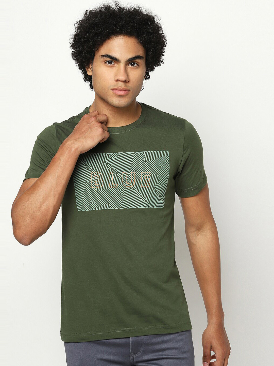 

Blue Buddha Men Olive Green Typography Printed Cotton T-shirt