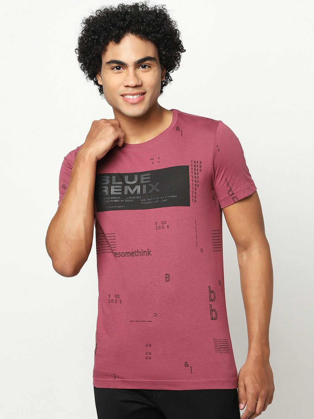 

Blue Buddha Men Pink & Black Typography Printed Cotton T-shirt