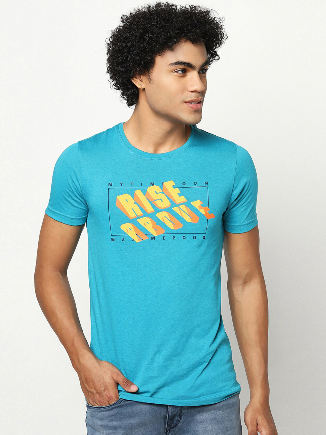 

Blue Buddha Men Blue Typography Printed Cotton T-shirt