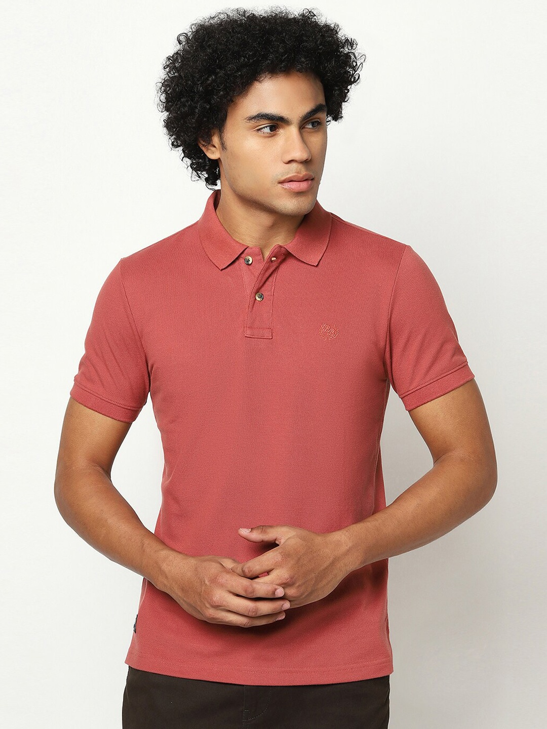 

Blue Buddha Men Peach-Coloured Polo Collar Cotton T-shirt