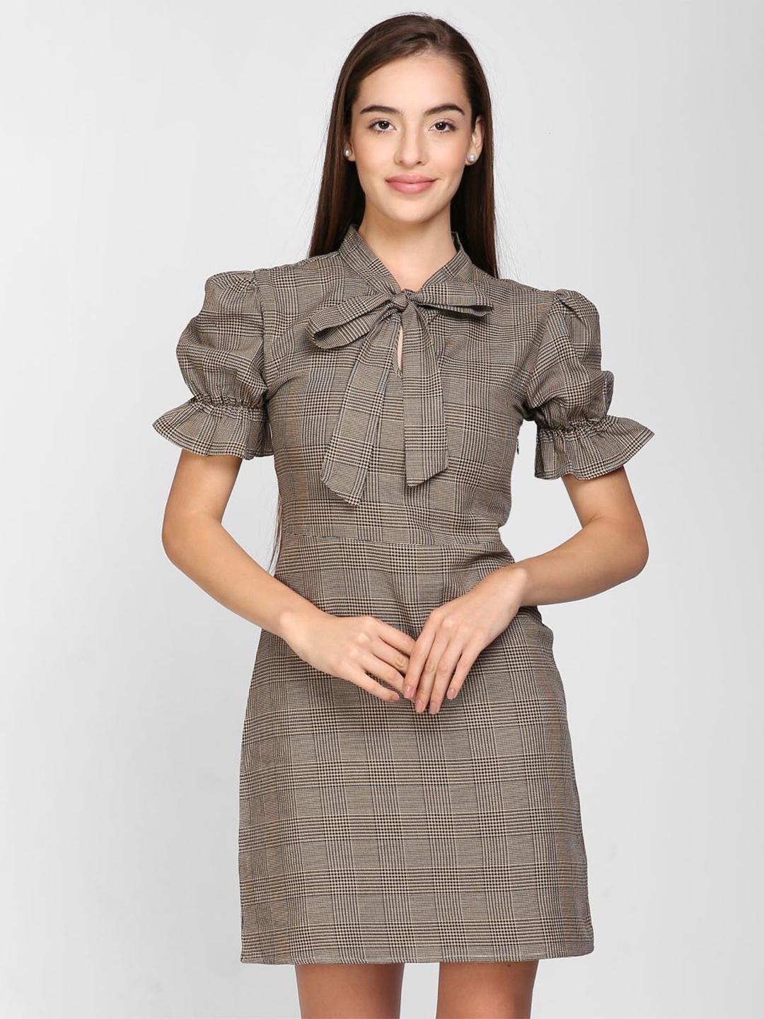

I Love She Brown Checked Cotton Tie-Up Neck Formal A-Line Mini Dress