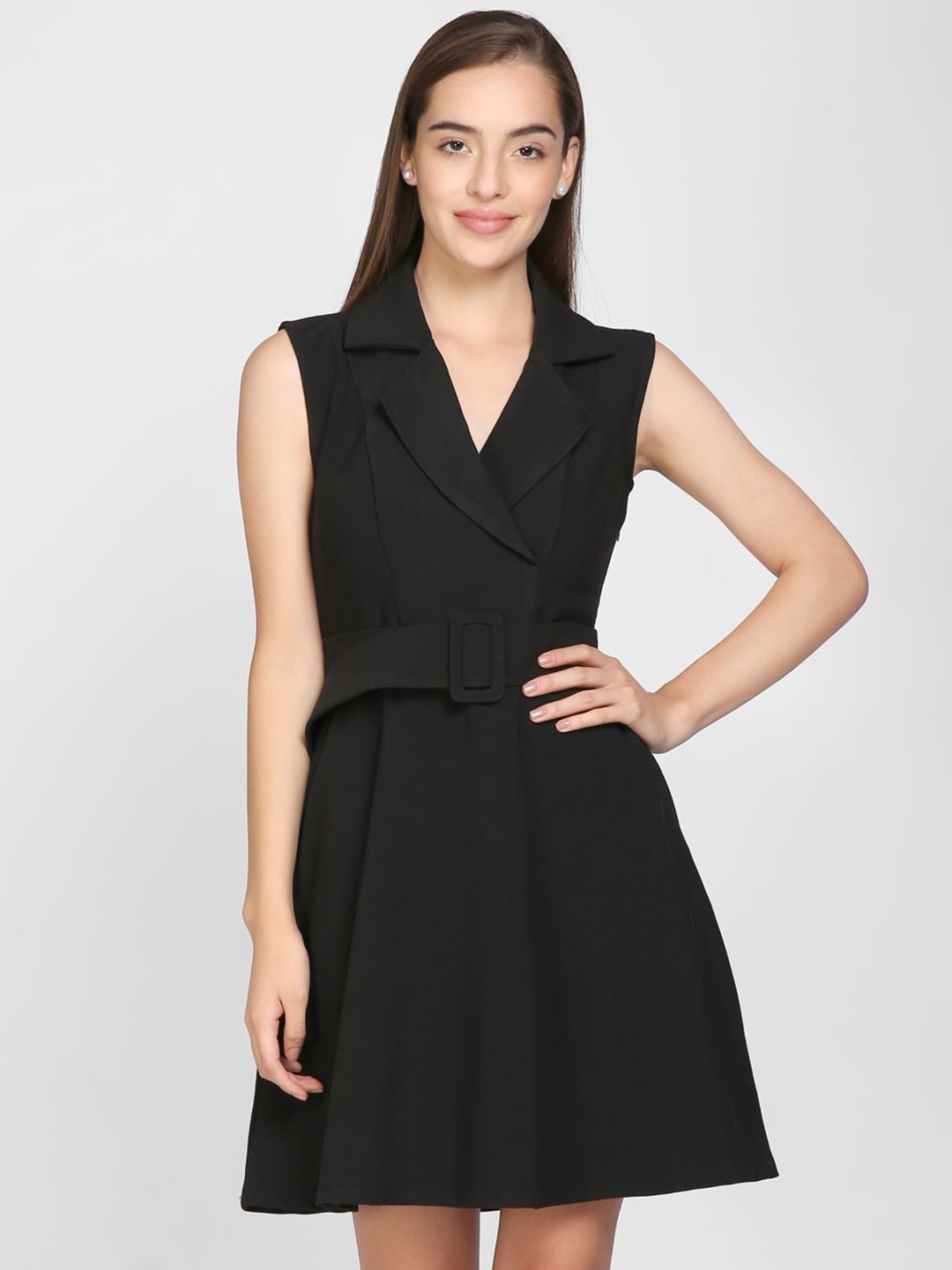

I Love She Black Solid Lapel Collar Dress