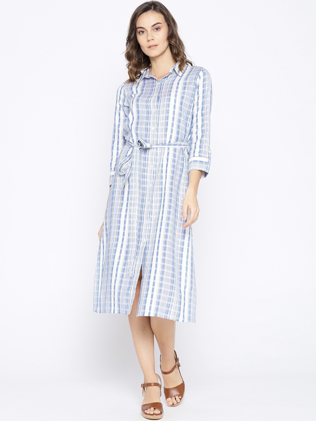 

Be Indi Blue & White Striped Shirt Midi Dress