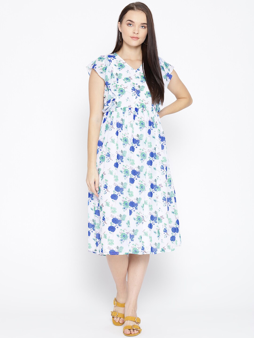 

Be Indi Blue & White Floral A-Line Midi Dress