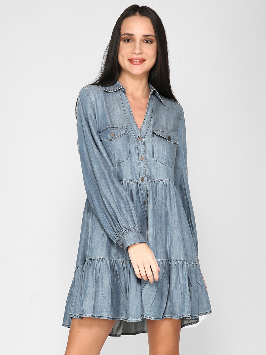 

I Love She Blue Layered Denim Shirt Dress