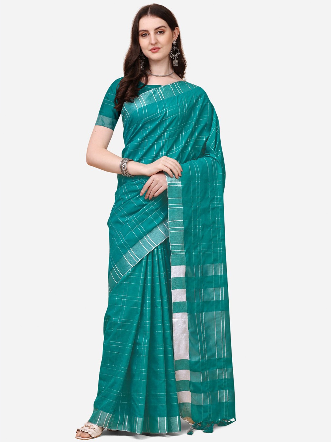 

DITISA FASHION Green & Off White Checked Zari Linen Blend Block Print Saree