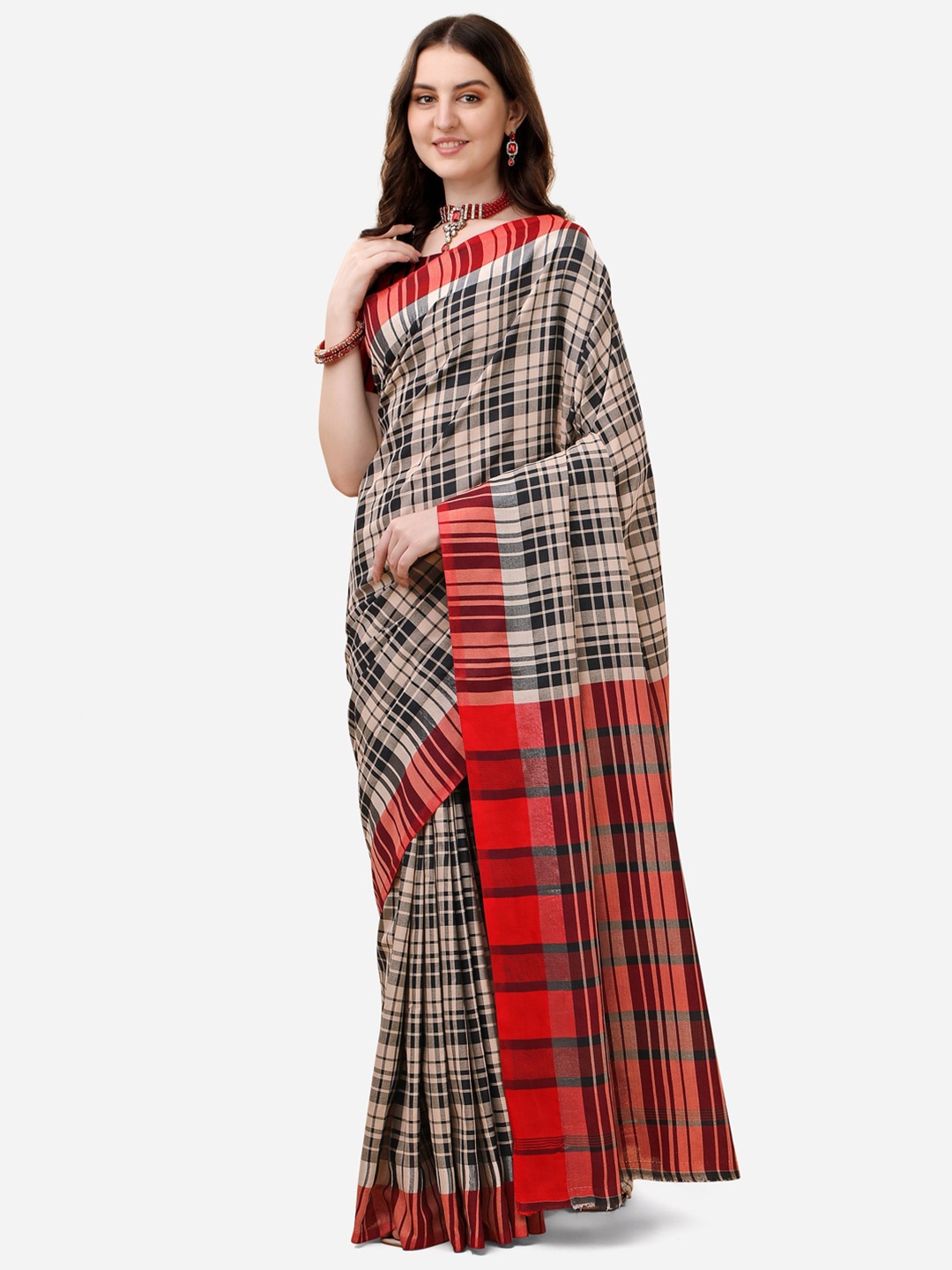 

DITISA FASHION Black & Pink Checked Zari Linen Blend Block Print Saree