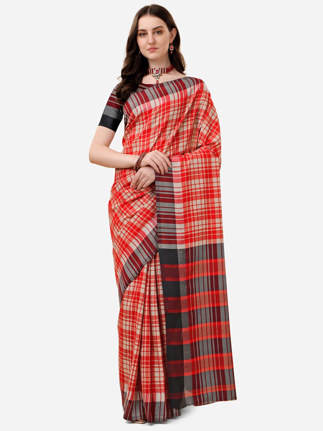 

DITISA FASHION Red & Black Checked Linen Blend Block Print Saree