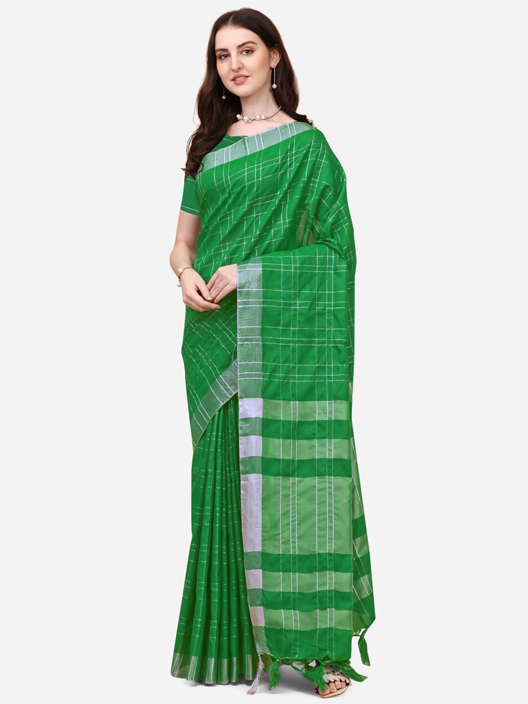 

DITISA FASHION Green & Silver-Toned Checked Zari Linen Blend Block Print Saree