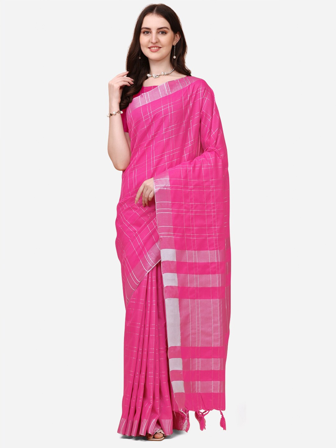 

DITISA FASHION Pink & Silver-Toned Checked Zari Linen Blend Saree