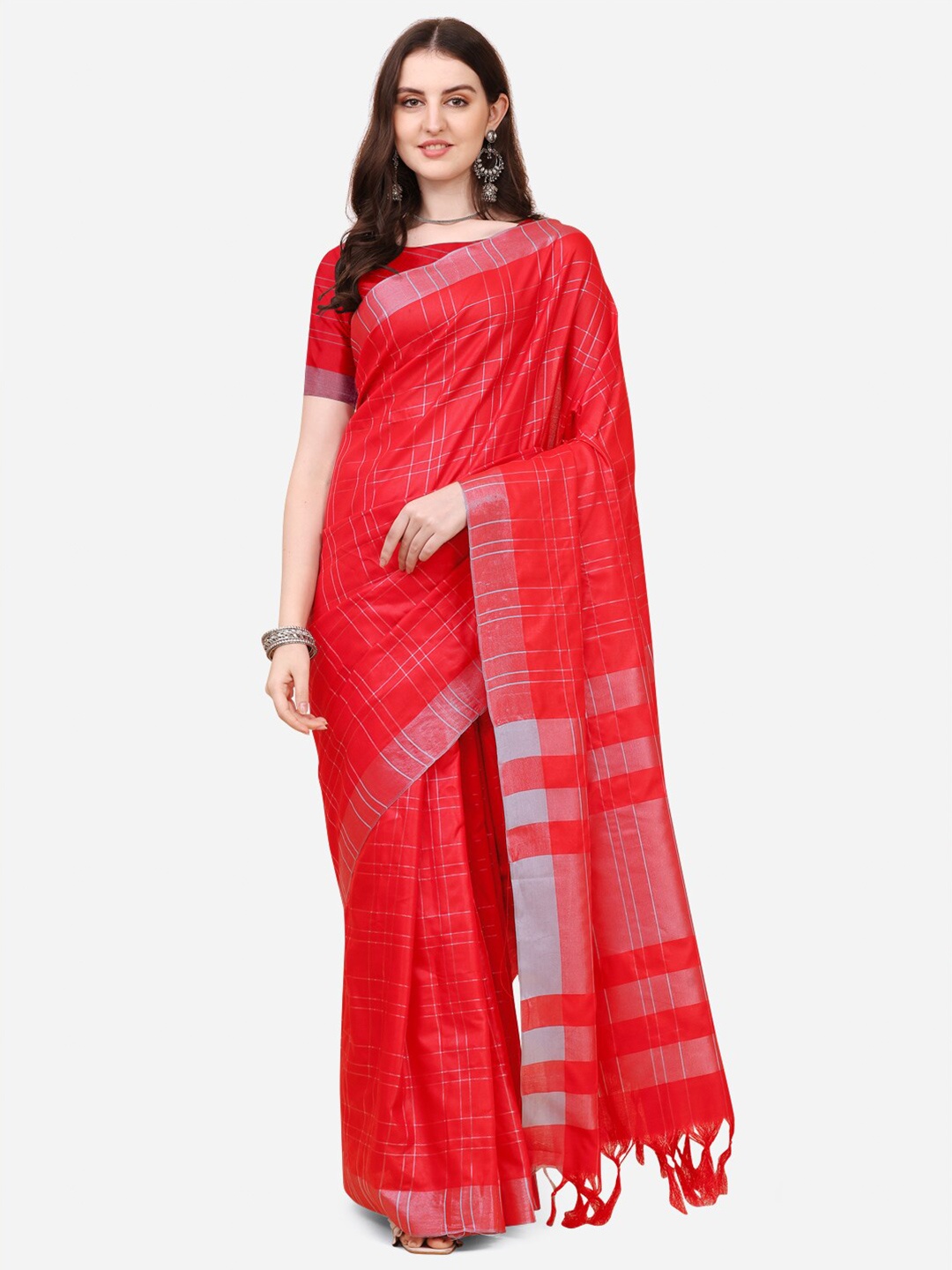 

DITISA FASHION Red & Silver-Toned Checked Zari Linen Blend Saree