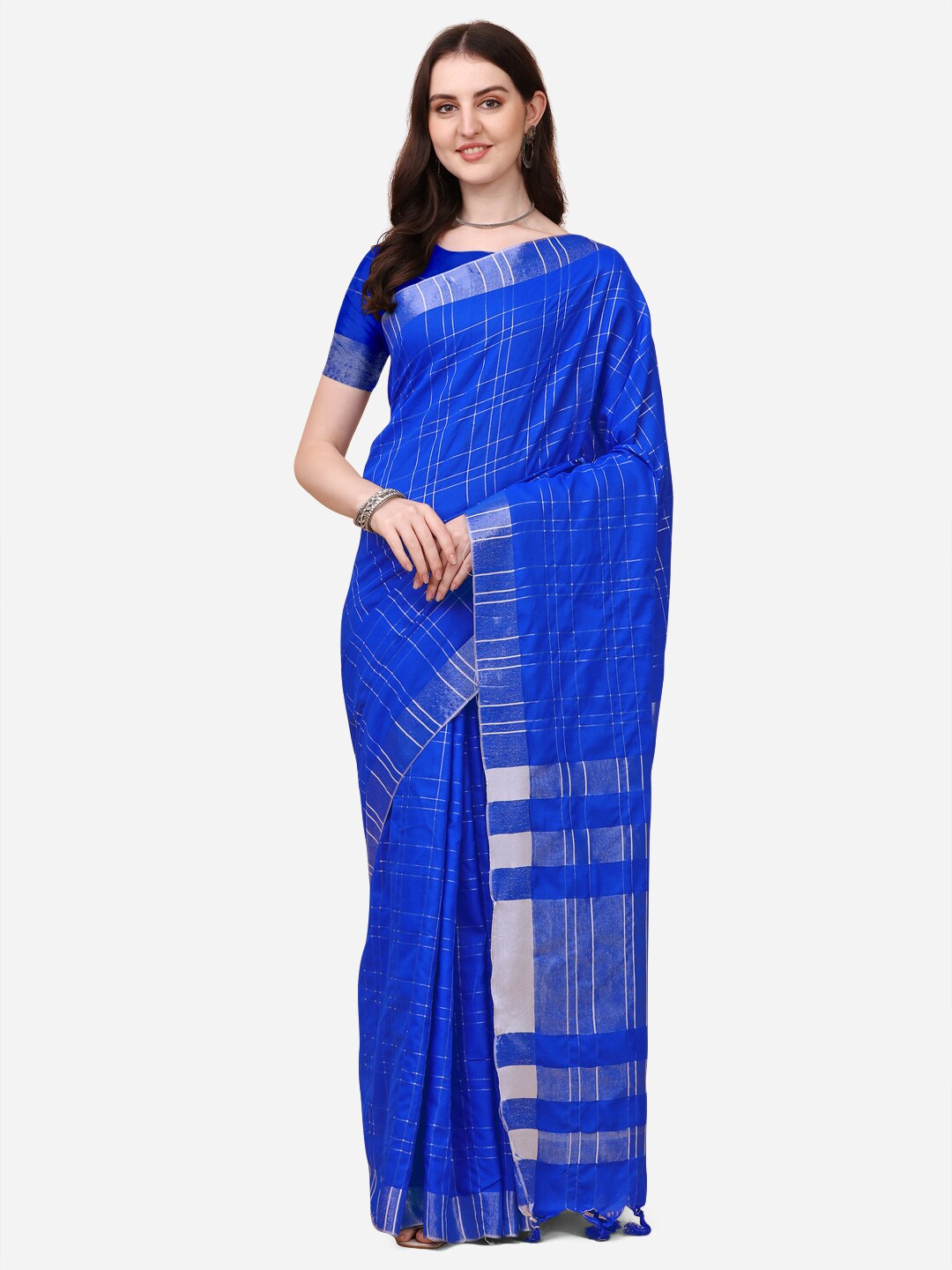 

DITISA FASHION Blue & Silver-Toned Checked Zari Linen Blend Saree