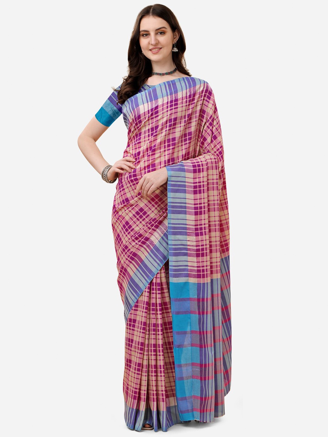 

DITISA FASHION Purple & Gold-Toned Checked Zari Linen Blend Saree