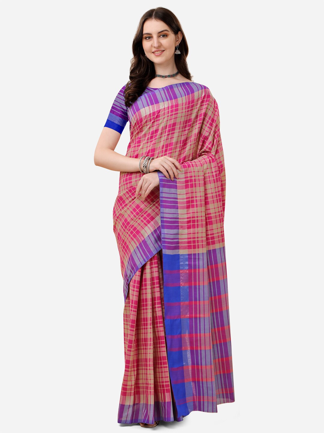 

DITISA FASHION Pink & Beige Checked Zari Linen Blend Saree