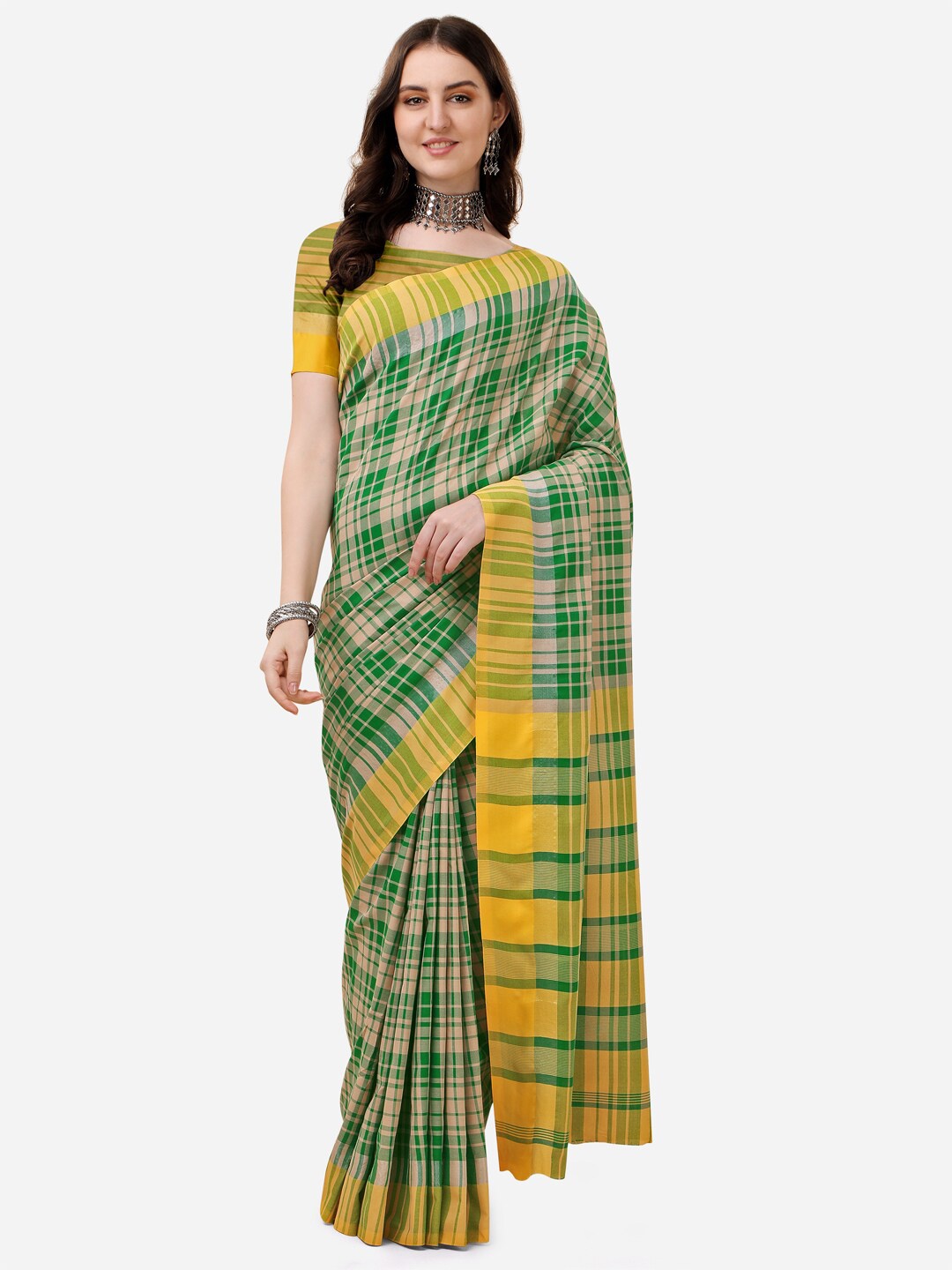 

DITISA FASHION Yellow & Green Checked Zari Linen Blend Saree