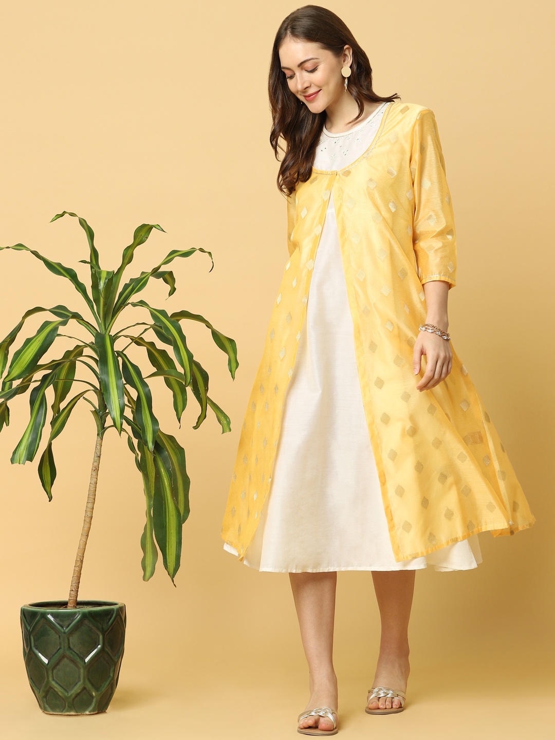 

Indifusion Women Ethnic Motifs Printed Chanderi Silk Layered Anarkali Dress, Yellow