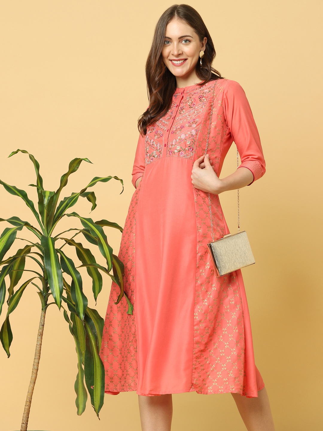 

Indifusion Women Pink Floral Yoke Design Chanderi Silk Ethnic Dress