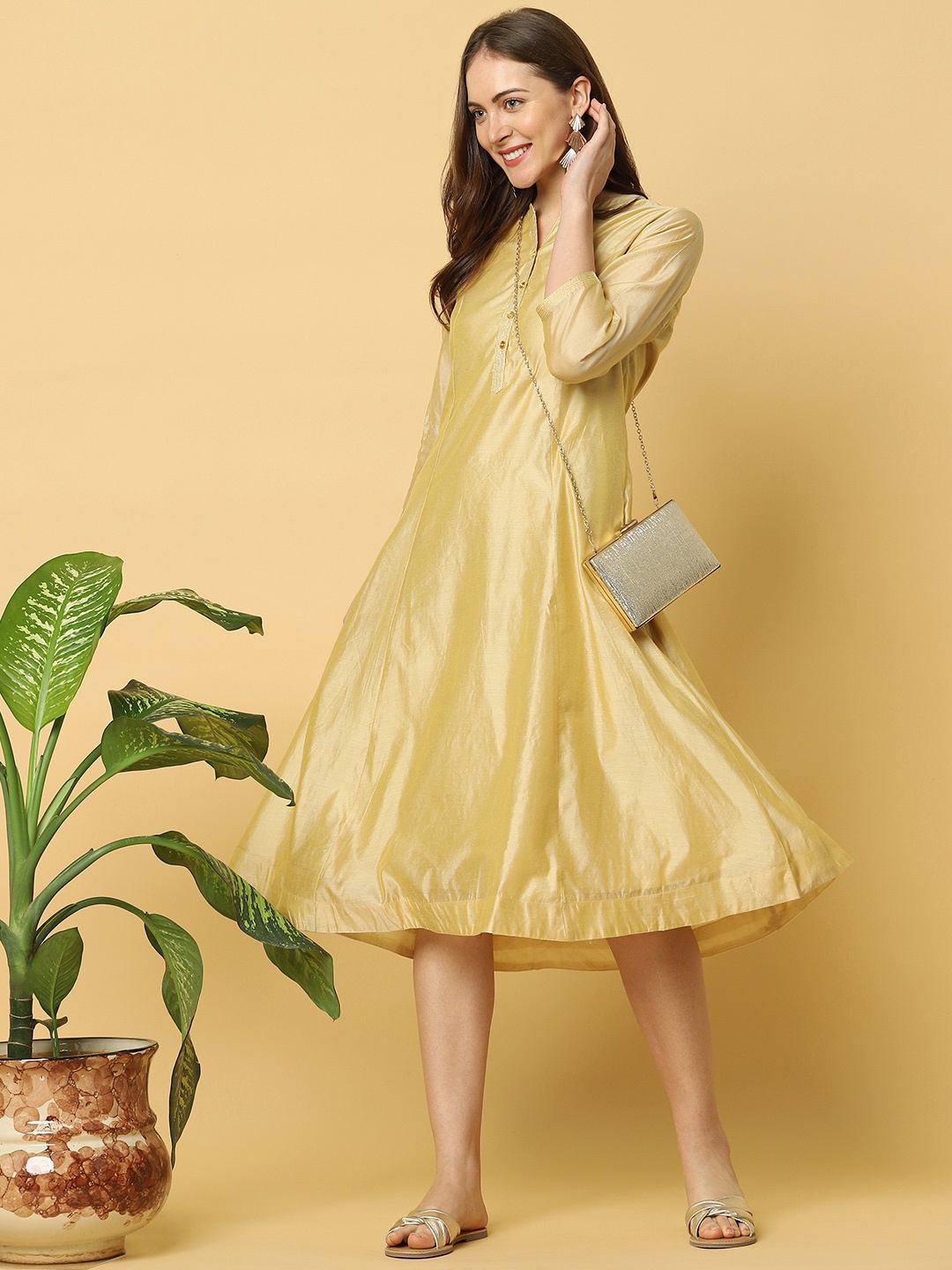 

Indifusion Women Chanderi Silk Anarkali Dress, Gold