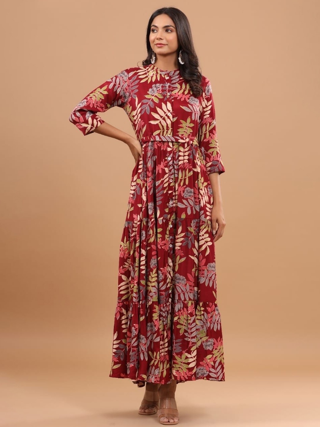 

JISORA Women Red Floral Printed Silk Ethnic Maxi Dress