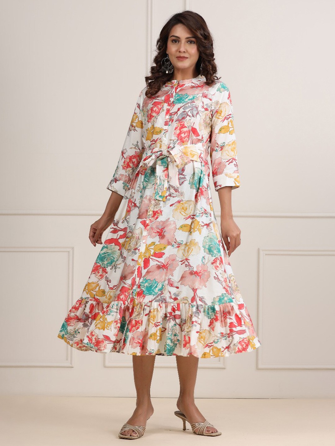 

JISORA Women Cream-Coloured & Red Floral Midi Dress