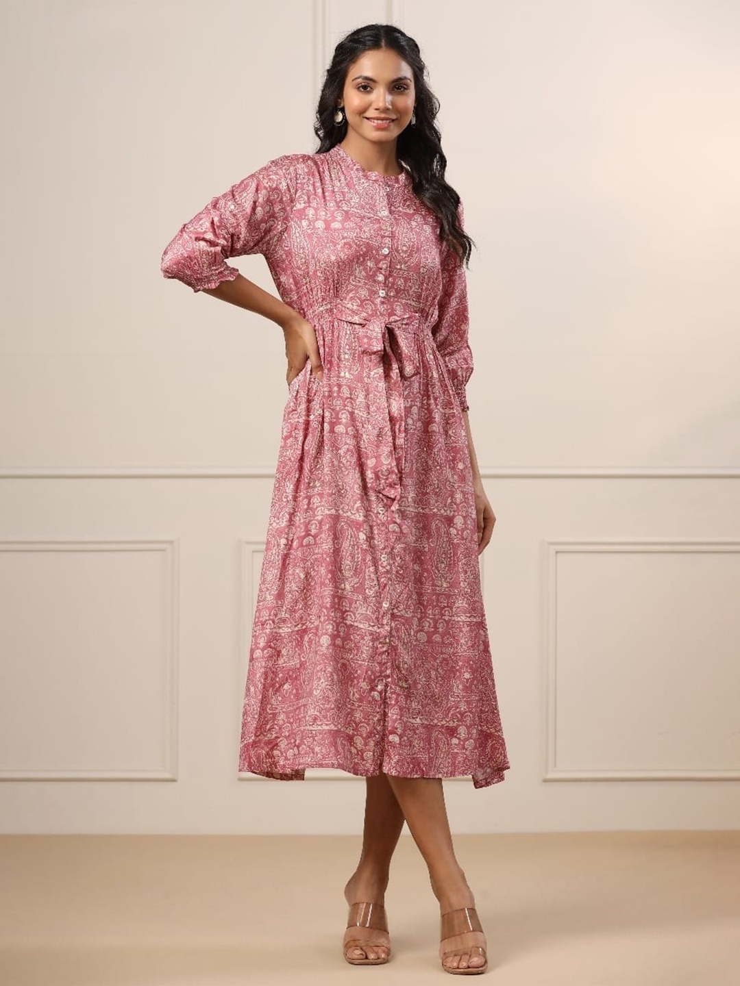 

JISORA Pink Floral A-Line Midi Dress