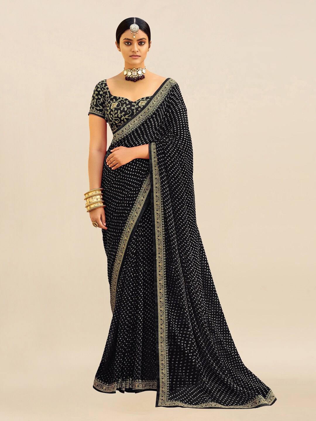 

Mitera Black & White Embroidered Pure Georgette Bandhani Saree