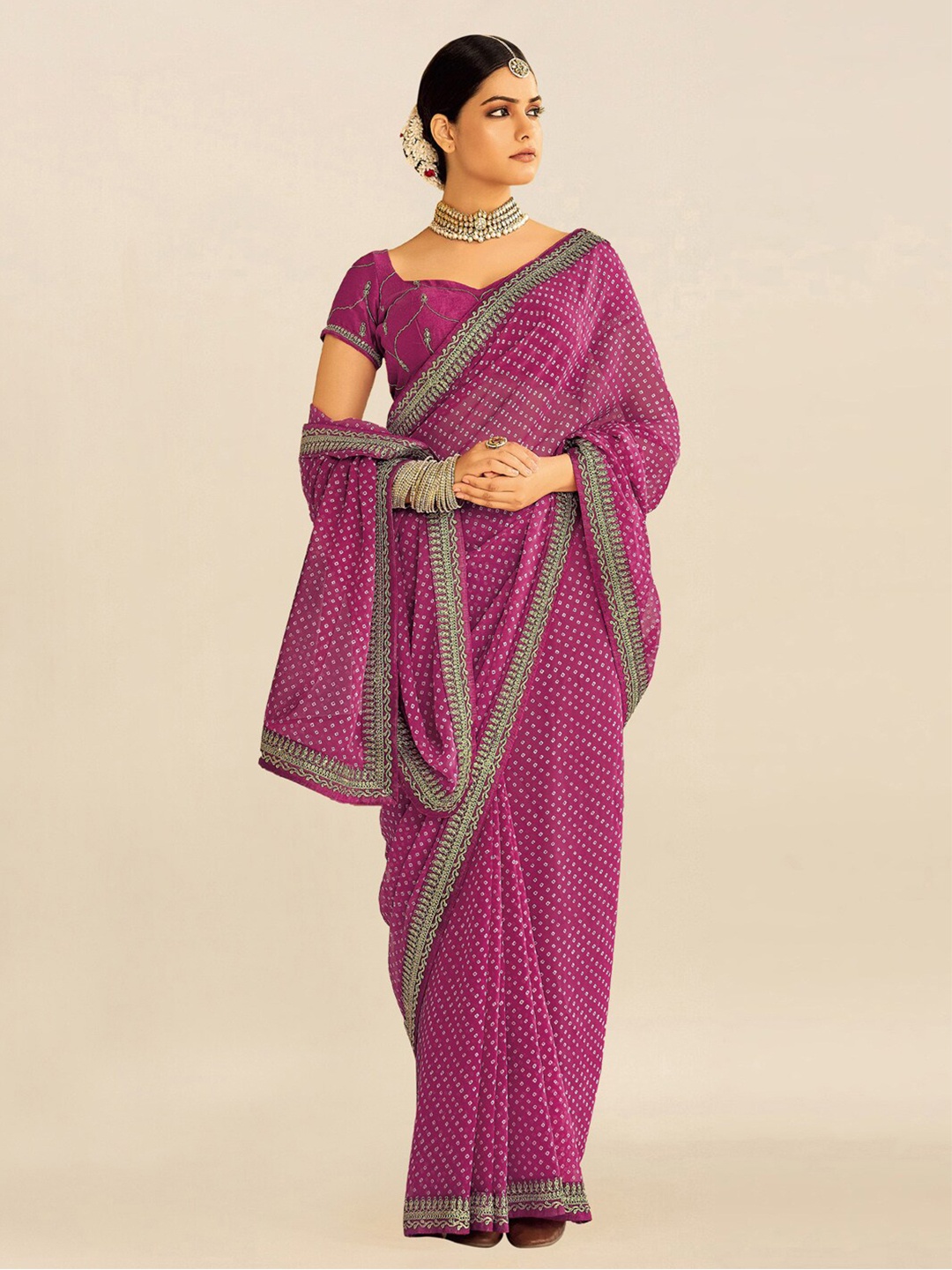 

Mitera Magenta & Gold-Toned Embroidered Pure Georgette Bandhani Saree