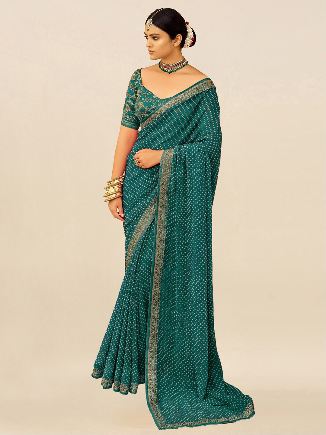 

Mitera Teal & White Embroidered Pure Georgette Bandhani Saree