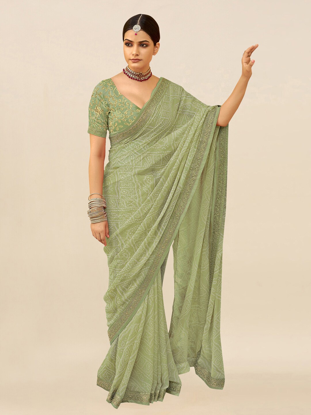 

Mitera Green & White Embroidered Pure Georgette Bandhani Saree