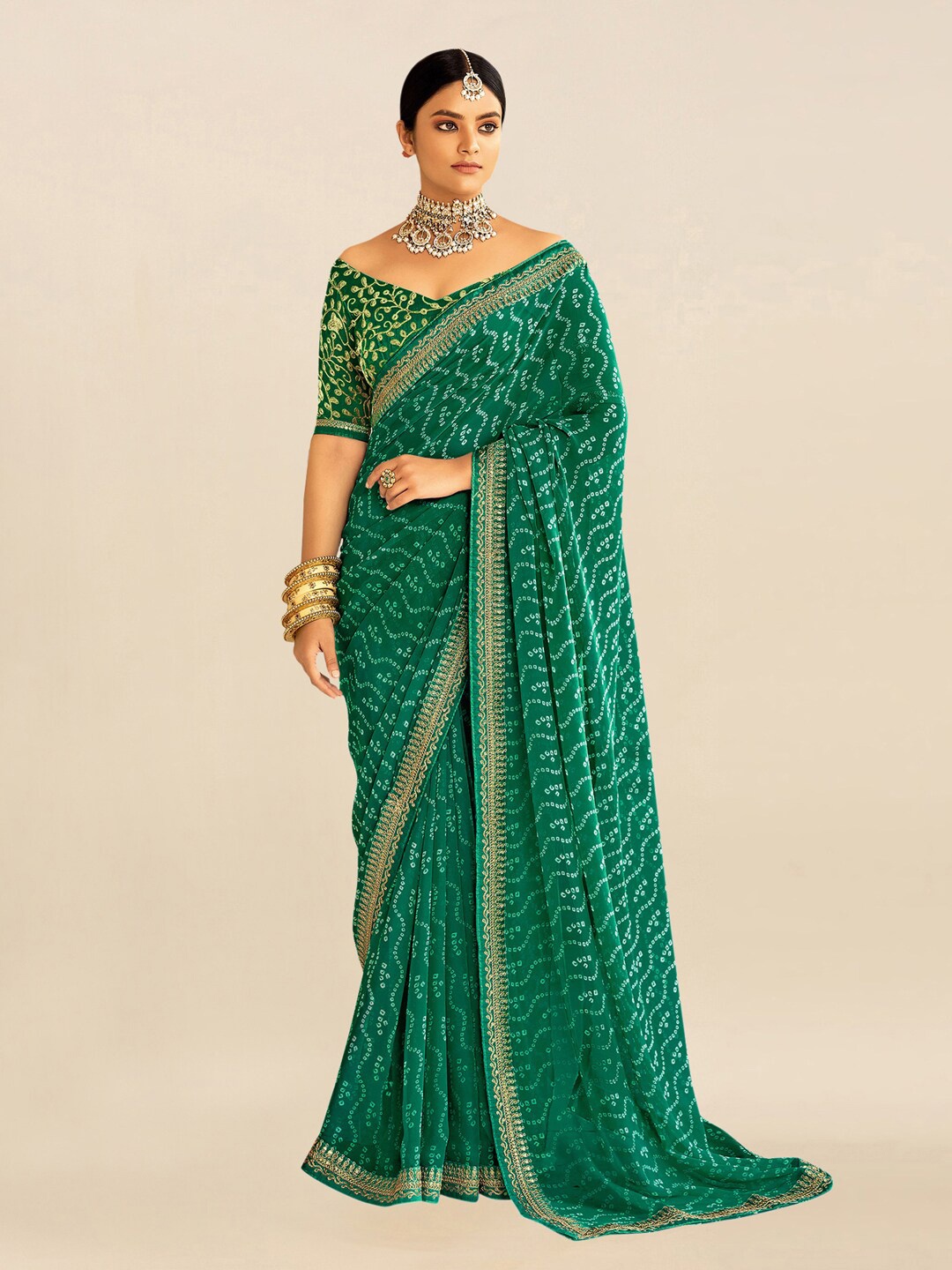 

Mitera Green & White Embroidered Pure Georgette Bandhani Saree