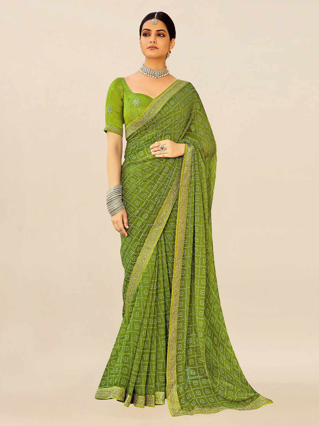 

Mitera Olive Green & Gold-Toned Embroidered Pure Georgette Bandhani Saree