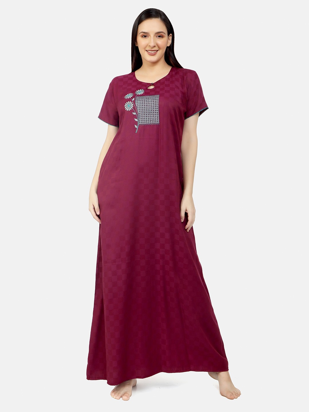 

Sand Dune Maroon Embroidered Maxi Nightdress