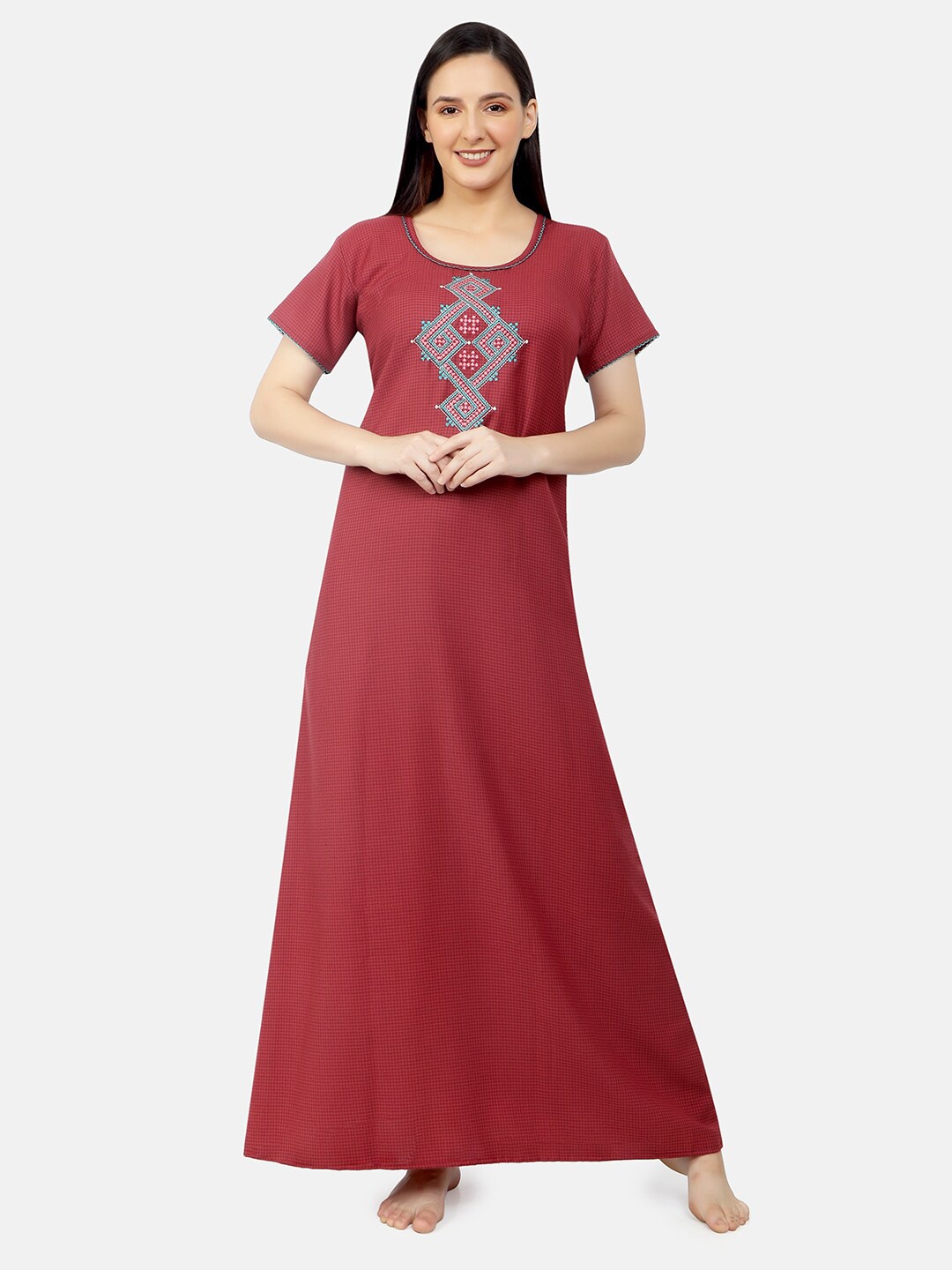 

Sand Dune Women Maroon Embroidered Maxi Nightdress