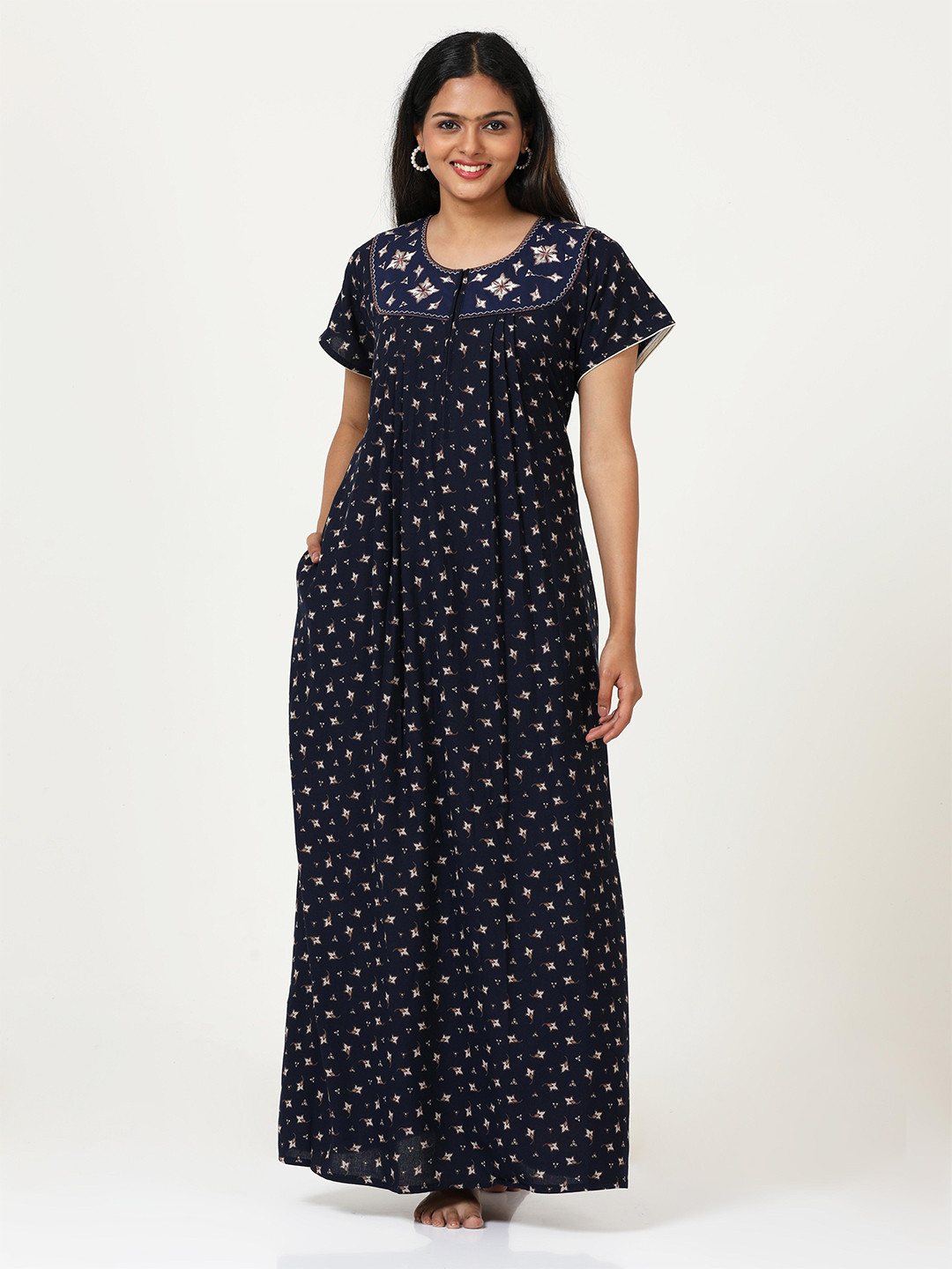 

9shines Label Women Navy Blue Printed Maternity Maxi Nightdress