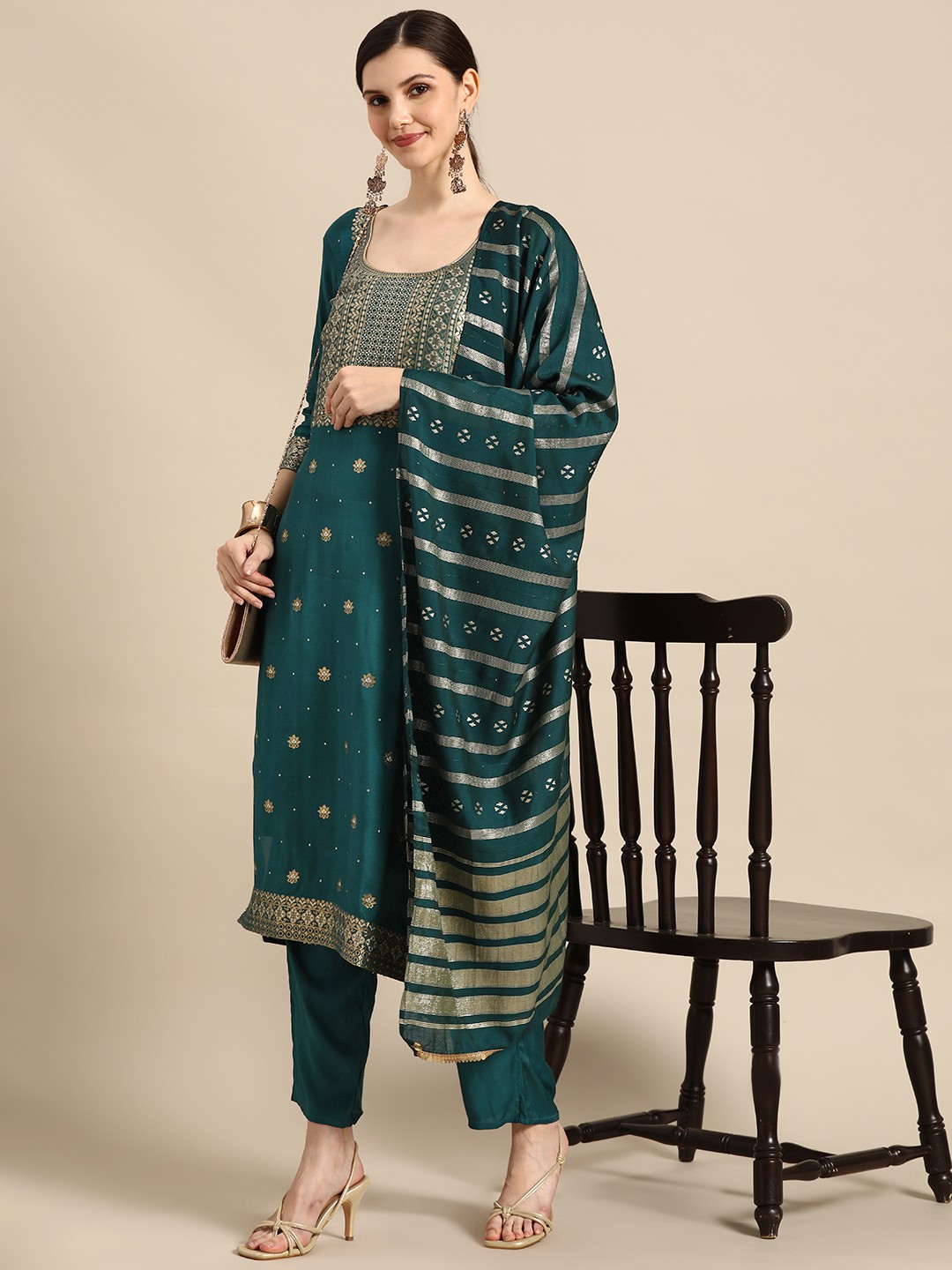 

Anouk Women Teal Ethnic Motifs Printed Dupion Silk Kurta with Trousers & With Dupatta