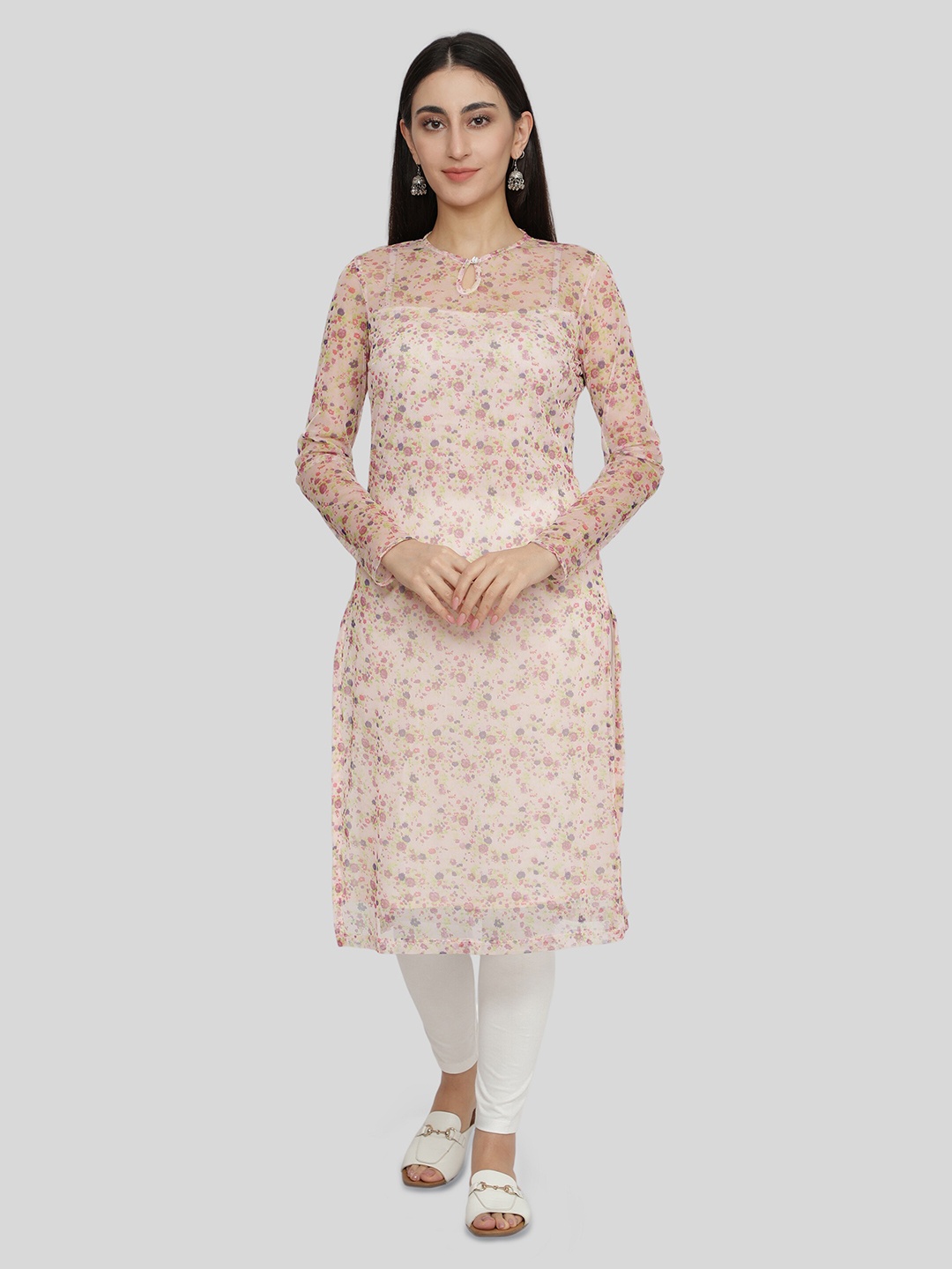 

NUEVOSDAMAS Women Pink & Green Floral Printed Keyhole Neck Kurta