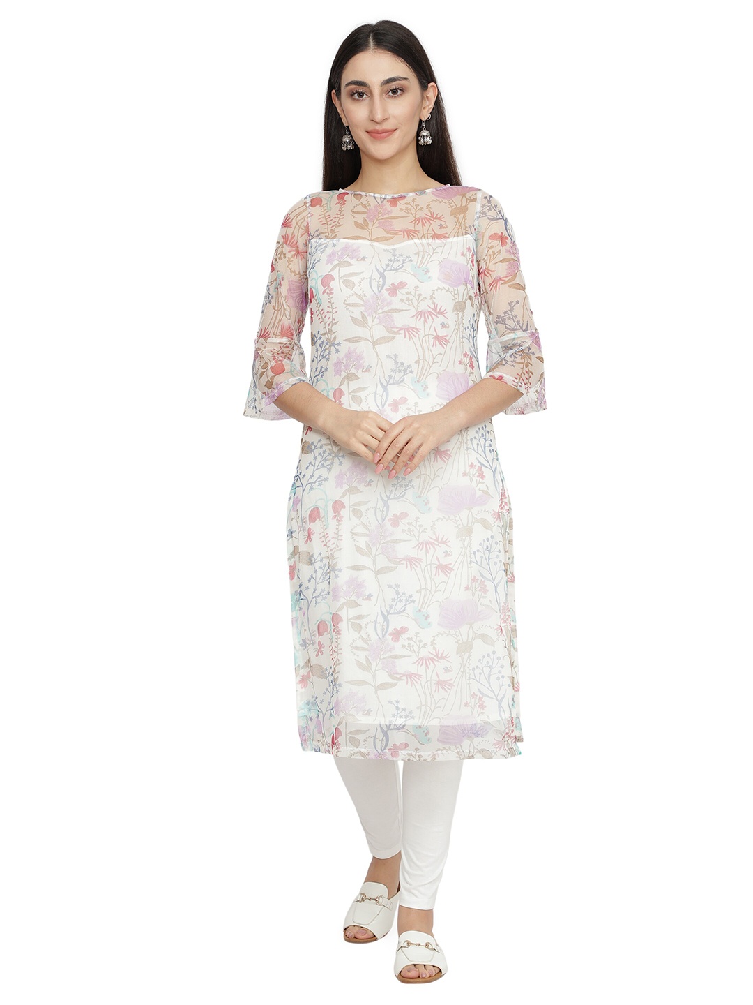 

NUEVOSDAMAS Women White Floral Printed Bell Sleeves Floral Kurta